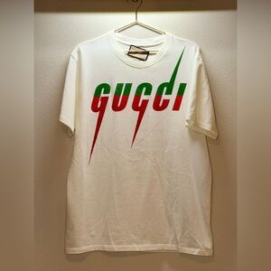 Gucci White Tee with Red & Green Slashed Logo